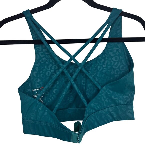 Peach Perfect Teal Leopard Print Crisscross Adjustable Sports Bra Women SZ L - Picture 2 of 7